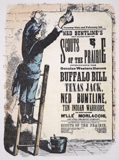 Férfi, aki színházi számlát tesz közzé a "Scouts of the Prairie" című darabról, Buffalo Bill Cody (1846-1917), Texas Jack (1846-79) és Ned Buntline (1823-86) főszereplésével 1874 körül (színes metszet) alkotó: American School