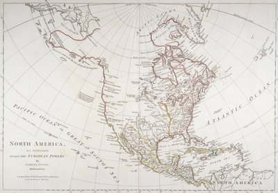 Térkép, amely Észak-Amerikát az európai hatalmak által kettéosztott állapotban ábrázolja, 1774 alkotó: American School