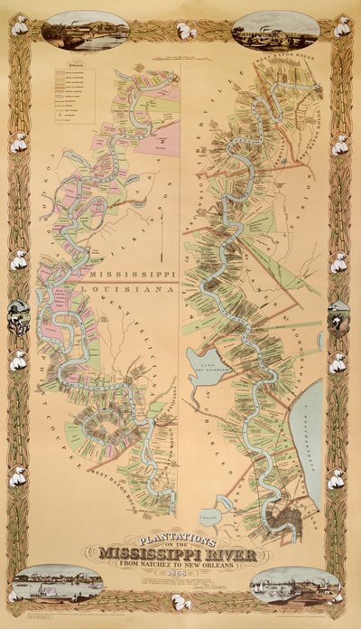 A Mississippi folyó ültetvényeit ábrázoló térkép Natcheztől New Orleansig, 1858 alkotó: American School