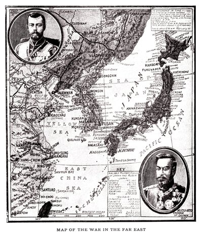 Kelet-Oroszország, Korea és Japán térképe a japán-orosz konfliktus idején (1904-1905). A medalionban II. Miklós orosz cár (1868-1918) és Meidzsi japán császár (1852-1912). Illusztráció, a "Oroszország és Japán és a háború teljes története a alkotó: American School