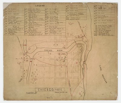 Térkép történelmi házak és helyszínek Chicago, Illinois, 1835 körül alkotó: American School