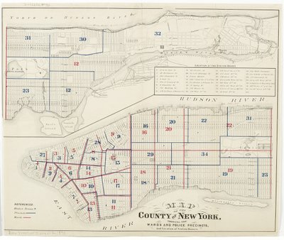 New York megye térképe, amelyen az osztályok és a rendőrségi körzetek, valamint az állomásházak elhelyezkedése látható., 1870 (tintával, papíron) alkotó: American School