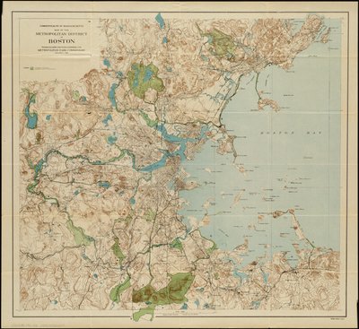 Boston (Massachusetts állam) nagyvárosi kerületének térképe: a helyi nyilvános foglalások és a Metropolitan Park Commission birtokai, 1901 alkotó: American School