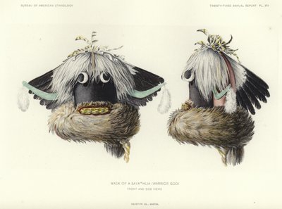 A Sayathlia (harcos isten) maszkja - elülső és oldalsó nézet (színes litográfia) alkotó: American School