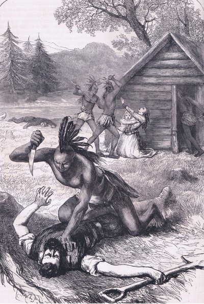 A telepesek mészárlása, illusztráció Cassell History of the United States pubjából, Petter & Galpin 1890 körül alkotó: American School