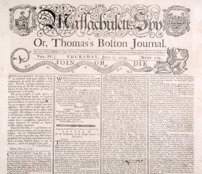 A Massachusetts-i kém fejléce, 1774. július 7. (nyomtatott) alkotó: American School