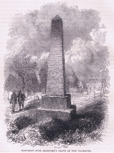 Emlékmű Bradford sírja fölött, New Plymouth 1641-ben, illusztráció Cassell története az Egyesült Államok pubjából. készítette: Petter & Galpin 1890 körül (litho) alkotó: American School