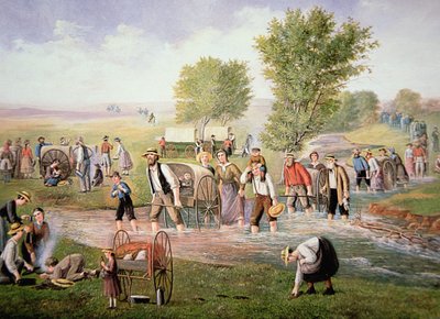 Kézikocsikat húzó mormon úttörők a Salt Lake Citybe vezető hosszú úton 1856-ban (színes litho) alkotó: American School