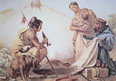 Az amerikai őslakosok szőrmével kereskednek (színes litho) alkotó: American School