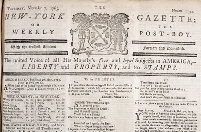 A New York Gazette fejléce, amely kijelenti, hogy ellenzi a bélyegeket, 1765. november 7-én nyomtatva (nyomtatott) alkotó: American School