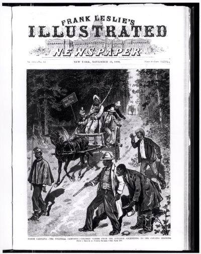 Észak-Karolina, a politikai kampány: Színes szavazók a belterületről, utazás a szavazóhelyiségekbe, „Frank Leslie Illustrated Newspaper”-ből, 1880. november 13. (metszet) (fekete-fehér fotó) alkotó: American School