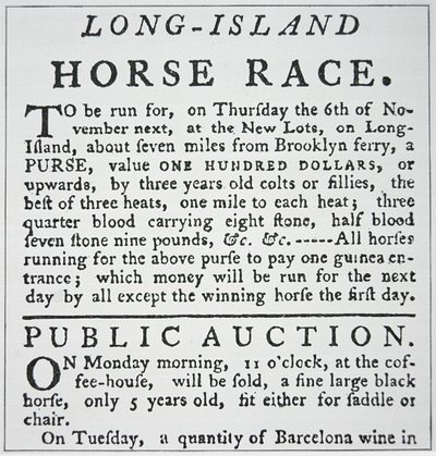 Értesítés egy lóversenyről Long Islanden, a New York-i Rivington