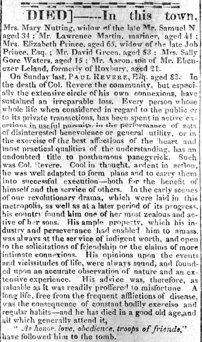 A Boston Intelligencer gyászjelentése, 1818. május 16. (nyomtatott) alkotó: American School