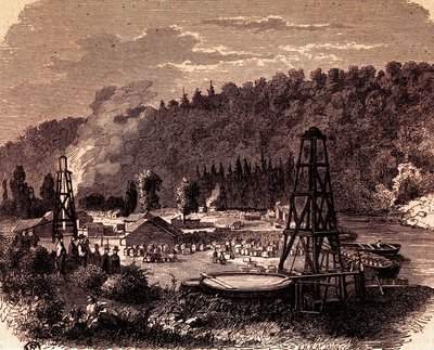 Olajmezők a pennsylvaniai Titusville-ben, az első Derrick kúttal Edwin Laurentine Drake találta fel 1859-ben, metszet, USA alkotó: American School