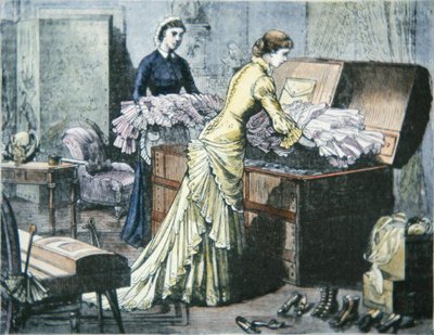 Saratoga csomagtartó bepakolása vonatúthoz Saratoga Springsbe, New Yorkba, 1880 körül (színes gravírozás) alkotó: American School