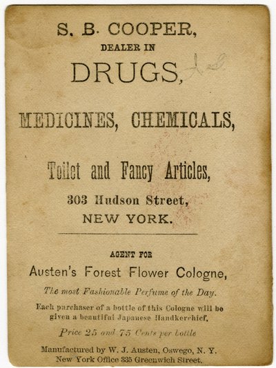 Austens Forest Flower Kölnnel illatosított; S.B, Cooper, kábítószer-kereskedő? [kereskedelmi kártya verso] (nyomtatott) alkotó: American School