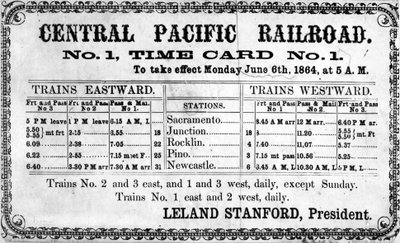 A Central Pacific Railroad Company 1864. június 6-i eredeti menetrendjének fényképnyomata alkotó: American School
