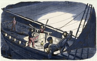 Charles Gibbs kalóz (19. század eleje) megöli Thornby kapitányt és a tengerbe dobja. Metszet "A kalóz saját könyvéből" 1837. alkotó: American School