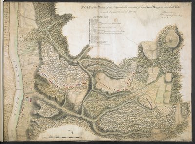 A hadsereg beosztásának terve hadnagy parancsnoksága alatt. Genl. Burgoyne a Still Water közelében, amelyben tábort ütött rajtatok. 1777. szeptember 20 alkotó: American School