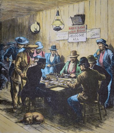 Faro játéka egy szalonban Cheyenne-ben, Wyomingban, 1870 körül (színes metszet) alkotó: American School
