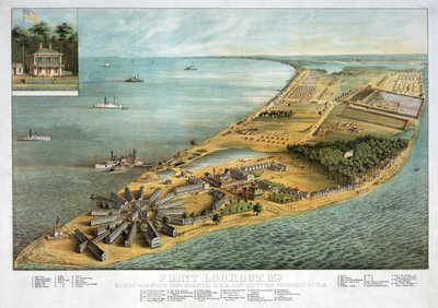 Point Lookout, MD – Kilátás a Hammond General Hospitalra és az Egyesült Államok hadifogolyraktárára, pub. 1864 alkotó: American School