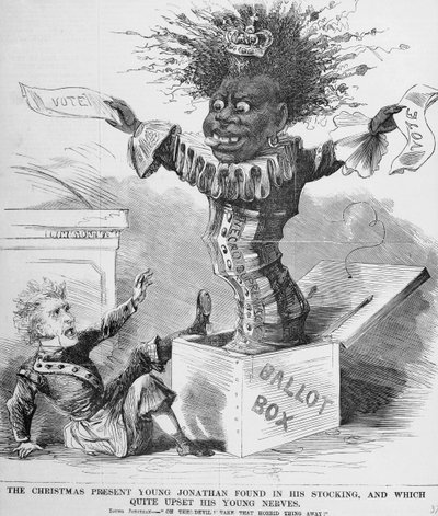 Politikai karikatúra, amely Andrew Jackson elnököt (1767-1845) ábrázolja, amint megijedt a fekete szavazás kilátásától Amerikában alkotó: American School
