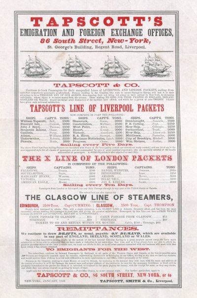 Tapscotts Emigration and Foreign Exchange Offices, New York-i plakát, 1859. január alkotó: American School