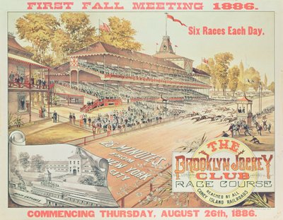 A Brooklyn Jockey Club versenypályáját reklámozó plakát, 1886 alkotó: American School