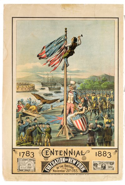 Plakát, amely New York britek általi evakuálásának századik évfordulóját hirdeti 1783. november 25-én. alkotó: American School