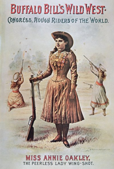 Buffalo Bill (1846-1917) vadnyugati műsorának plakátja, Annie Oakley (1860-1926) közreműködésével 1899 körül (színes litó) alkotó: American School