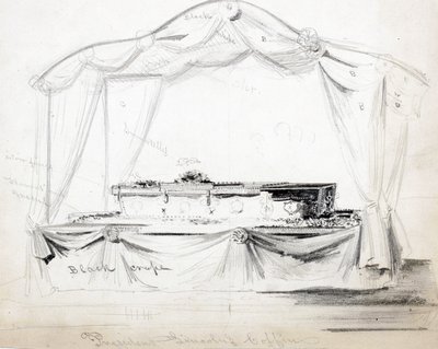 Abraham Lincoln elnök koporsója államban hever a Fehér Házban, Washington D.C., 1865. április (ceruza, tinta és mosás papíron) alkotó: American School