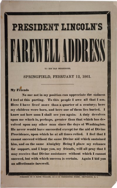 Lincoln elnök búcsúbeszéde régi szomszédjaihoz, Springfield, 1861. február 12. alkotó: American School