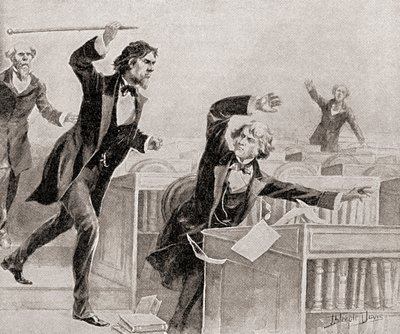 Preston Smith Brooks, a fervent advocate of slavery, assaulting Senator Charles Sumner, an abolitionist, with a cane on the floor of the United States Senate, on May 22 alkotó: American School
