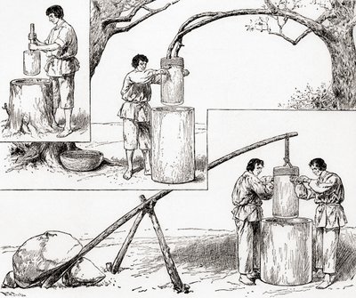 A kukorica őrlésének primitív módjai a „The Century Illustrated Monthly Magazine”-ból, 1884-ben (fametszet) alkotó: American School