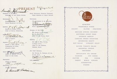 Nyomtatott étlap Winston Churchill és Franklin D. Roosvelt aláírásával, az Egyesült Államok zászlóshajója, Augusta, Ship