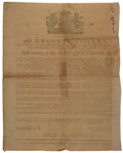 Kiáltvány Francis Bernard, Massachusetts Bay kormányzója nevében: böjtnap meghirdetése a francia és indiai háború idején, 1761. április 8. alkotó: American School