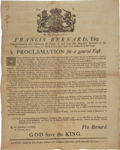 Kiáltvány Francis Bernard, Massachusetts Bay kormányzója nevében: böjtnap meghirdetése a francia és indiai háború idején, 1761. április 8. alkotó: American School