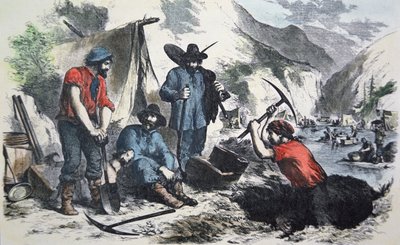 Kutatók az 1849-es kaliforniai aranyláz idején (színes litó) alkotó: American School