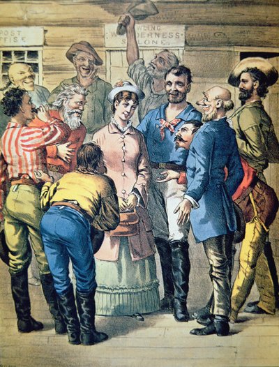 A kutatók egy nő köré gyűlnek egy arany táborban (színes litó) alkotó: American School