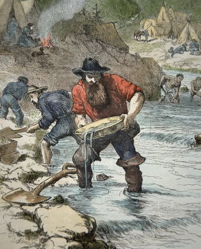 Aranykutatók az 1849-es kaliforniai aranyláz idején (színes metszet) alkotó: American School