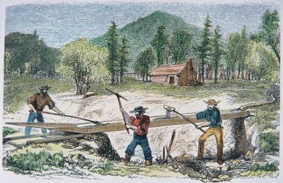 Kutatók zsilip segítségével az 1849-es kaliforniai aranyláz idején (színes litó) alkotó: American School