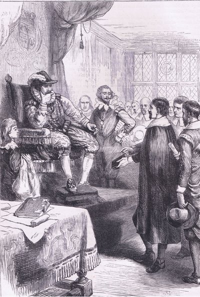 Puritánok I. Jakab előtt, illusztráció Cassell története az Egyesült Államok pubjából. készítette: Petter & Galpin 1890 körül (litho) alkotó: American School