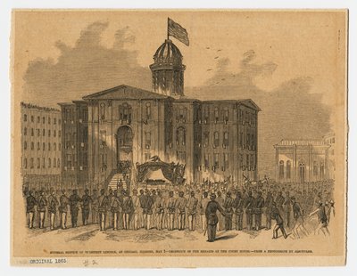 Fogadás a bíróságon Abraham Lincoln temetése alatt, Chicago, Illinois alkotó: American School
