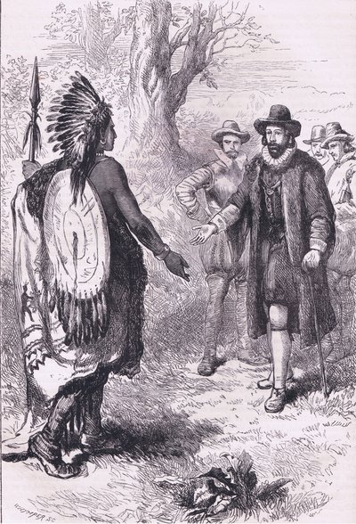 Egy Naragansett harcos fogadása, illusztráció Cassell History of the United States pubjából. készítette: Petter & Galpin 1890 körül (litho) alkotó: American School