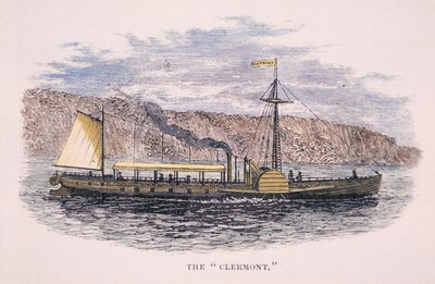 Robert Fulton (1765-1815) „Clermont” gőzhajója a Hudson folyón, New York alkotó: American School