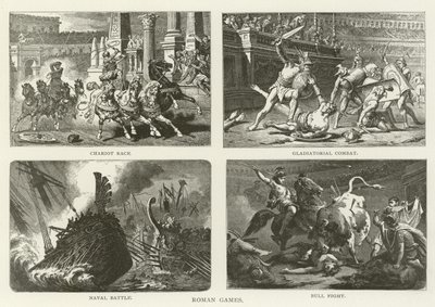 Római játékok, szekérverseny, gladiátorharc, tengeri csata, bikaviadal alkotó: American School
