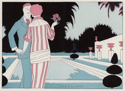 Romantikus pár kézen fogva a medencénél, jelenet J. A. Waldron Prospective Honeymooners című novellájából (színes litográfia). alkotó: American School