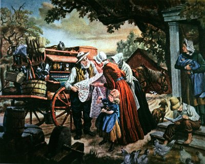 Vidéki Amerika a 19. században: a háztartási cikkek utazó eladója (színes litho) alkotó: American School