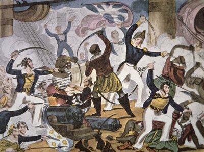 A Királyi Haditengerészet tengerészei Algeri kalózhajóra szállnak, 1820 körül (színes litho) alkotó: American School