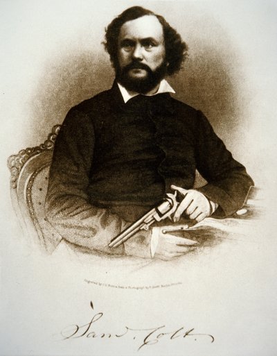 Samuel Colt kezében az egyik ütős revolverével (metszet) alkotó: American School